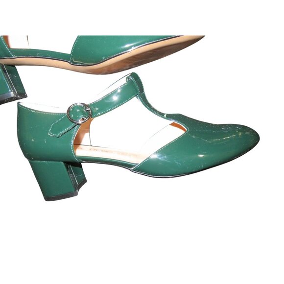 SOLD MODENCOCO Round Toe Green Patent Leather Buckle T Strap Chunky Heel 13 - Picture 5 of 10